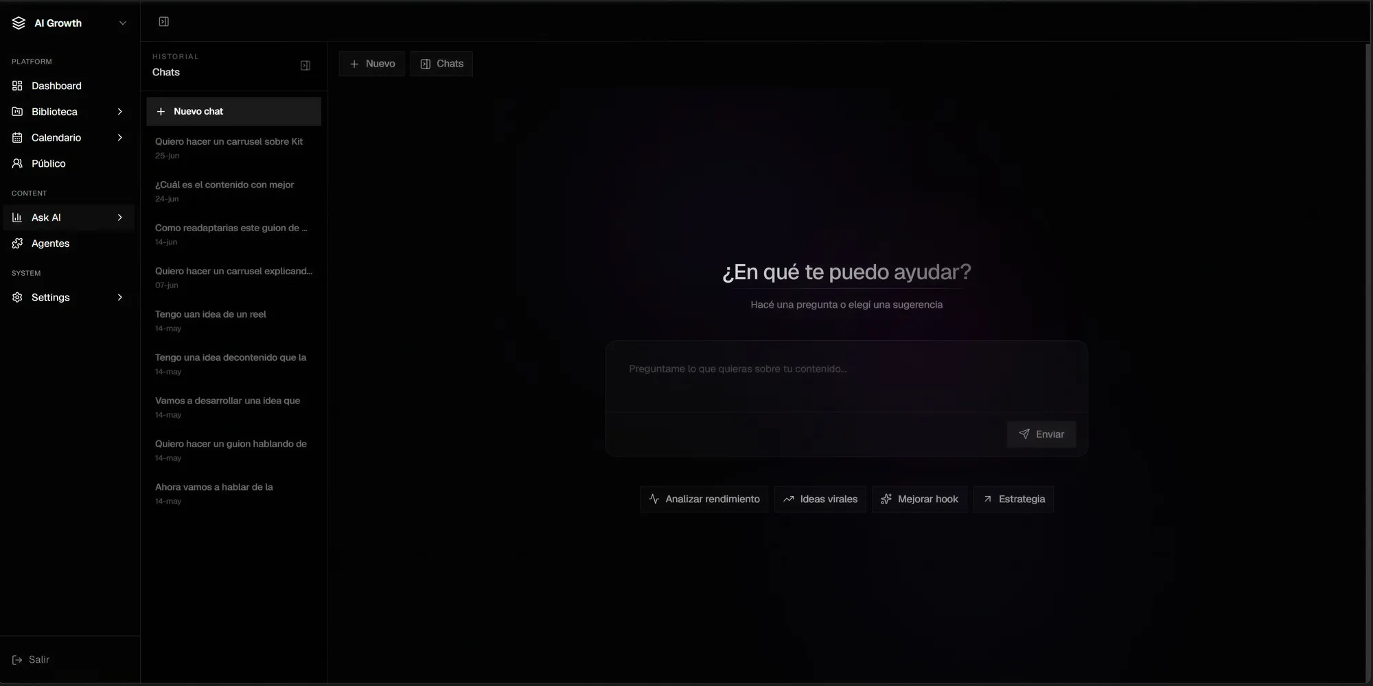 Asistente de IA para analizar rendimiento y crear contenido